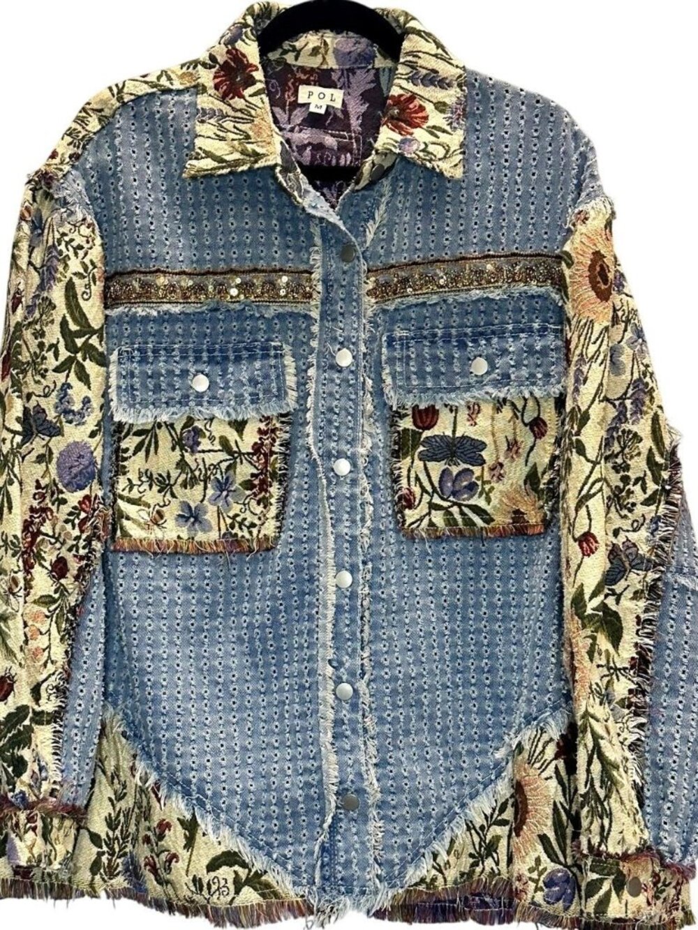 POL mixed media denim with floral tapestry